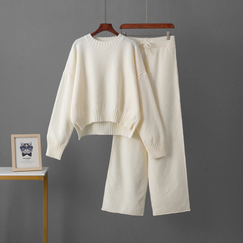 Women's Retro Thickening Minimalist Pullover Sweater Wide Leg Pants Two-piece Set