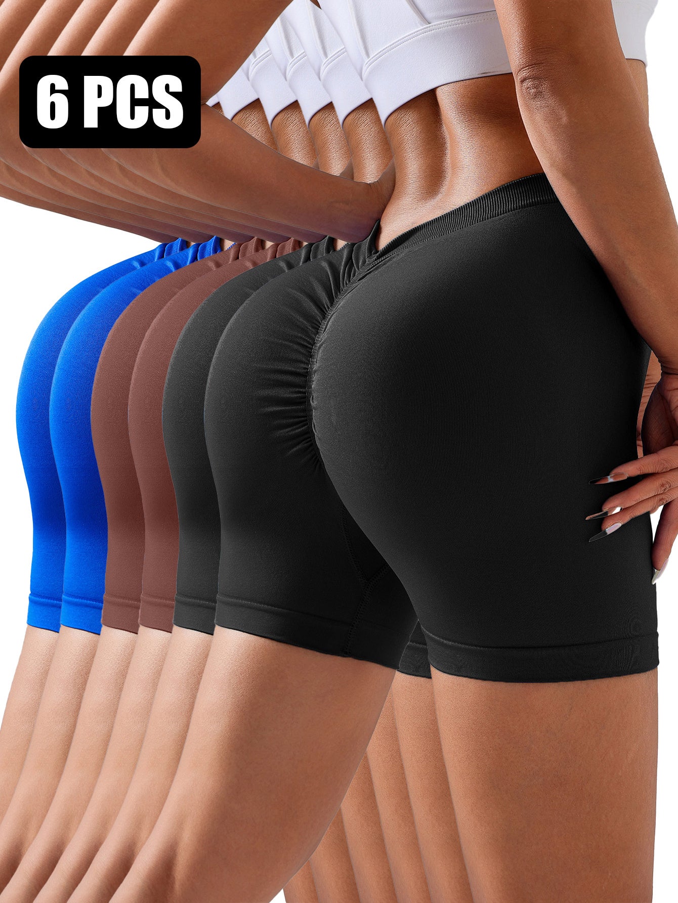 6 Pack Wholesale Solid Color Seamless Back V Shape Women V-Back Scrunch Butt Elastic Gym Push Up Sports Tights Running Cycling Workout Peach Hip Fitness Shorts