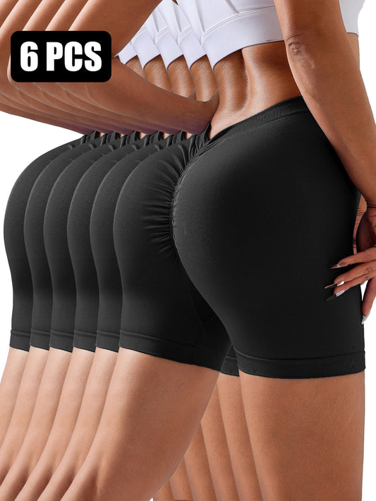 6 Pack Wholesale Solid Color Seamless Back V Shape  Women V-Back Scrunch Butt Elastic Gym Push Up Sports Tights Running Cycling Workout Peach Hip Fitness Shorts