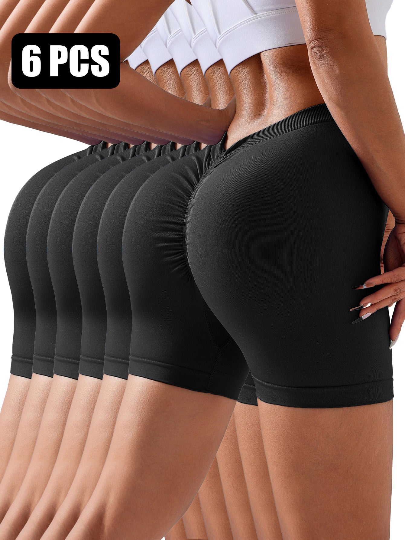6 Pack Wholesale Solid Color Seamless Back V Shape  Women V-Back Scrunch Butt Elastic Gym Push Up Sports Tights Running Cycling Workout Peach Hip Fitness Shorts