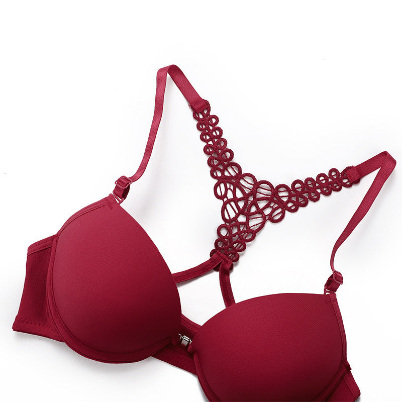 Beautiful Back Lace Front Buckle With Steel Ring Removable Bra Set