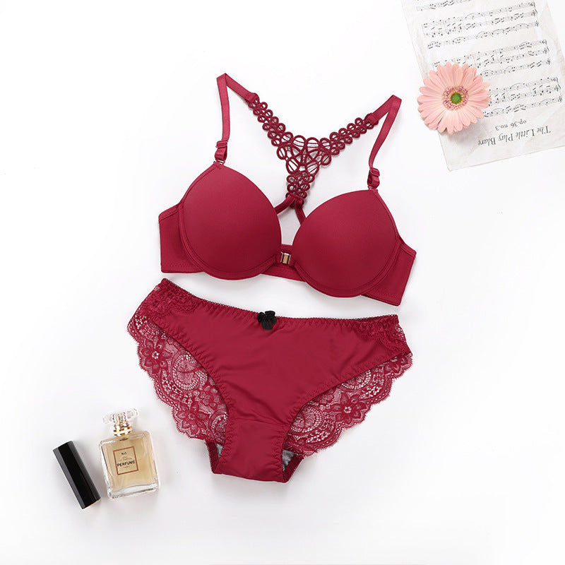 Beautiful Back Lace Front Buckle With Steel Ring Removable Bra Set