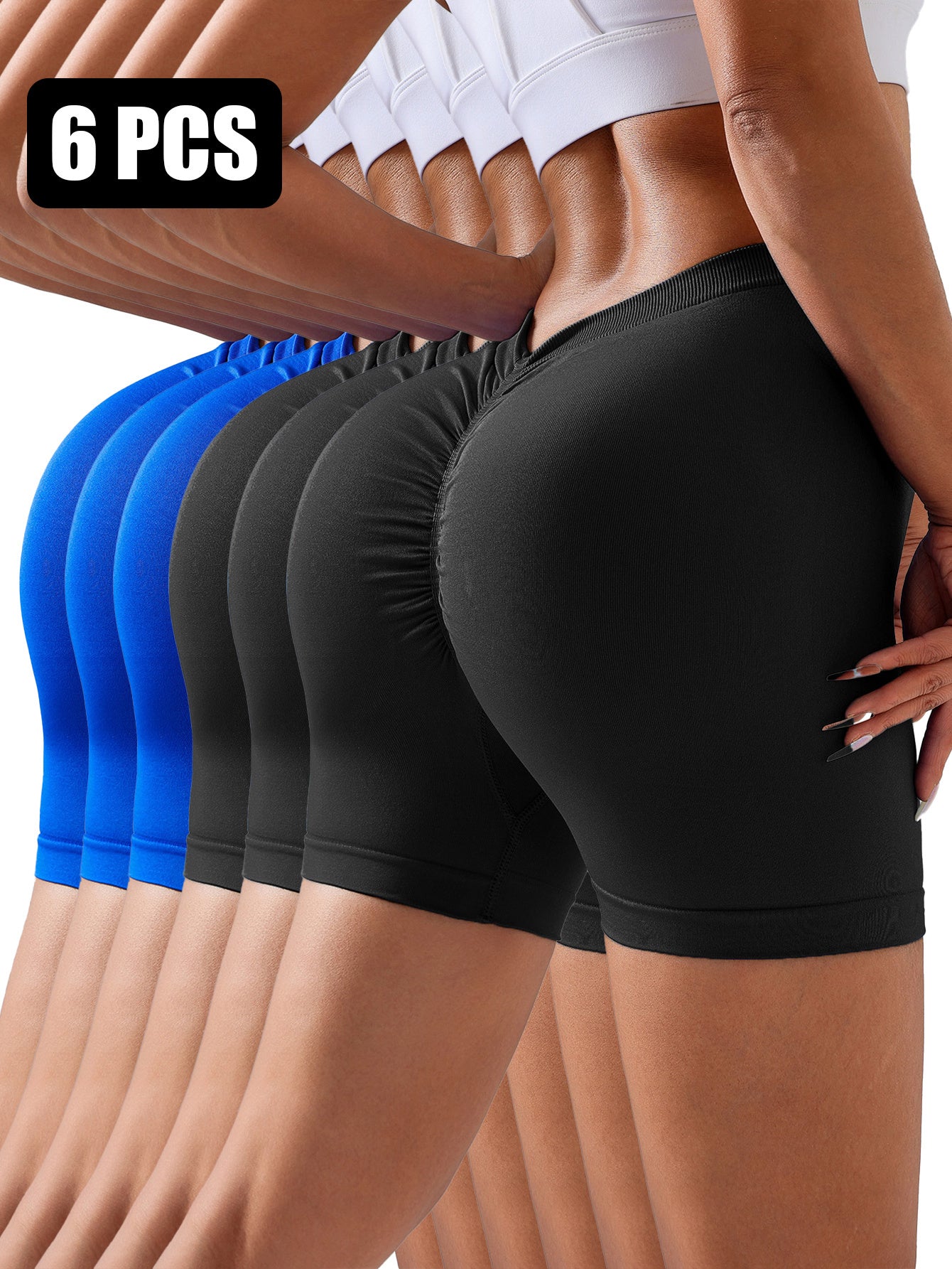 6 Pack Wholesale Solid Color Seamless Back V Shape  Women V-Back Scrunch Butt Elastic Gym Push Up Sports Tights Running Cycling Workout Peach Hip Fitness Shorts