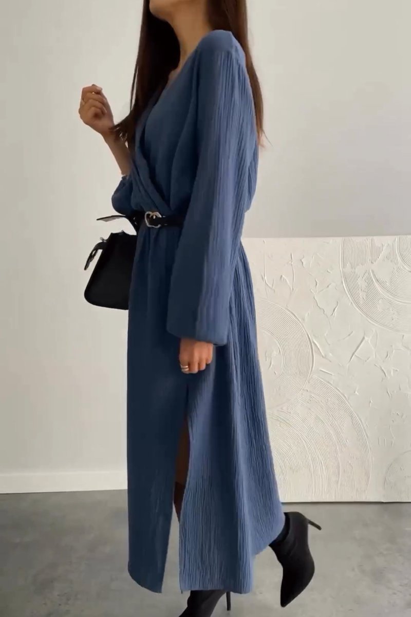 Fashion Long Sleeve Solid Color Waist Tight Dress