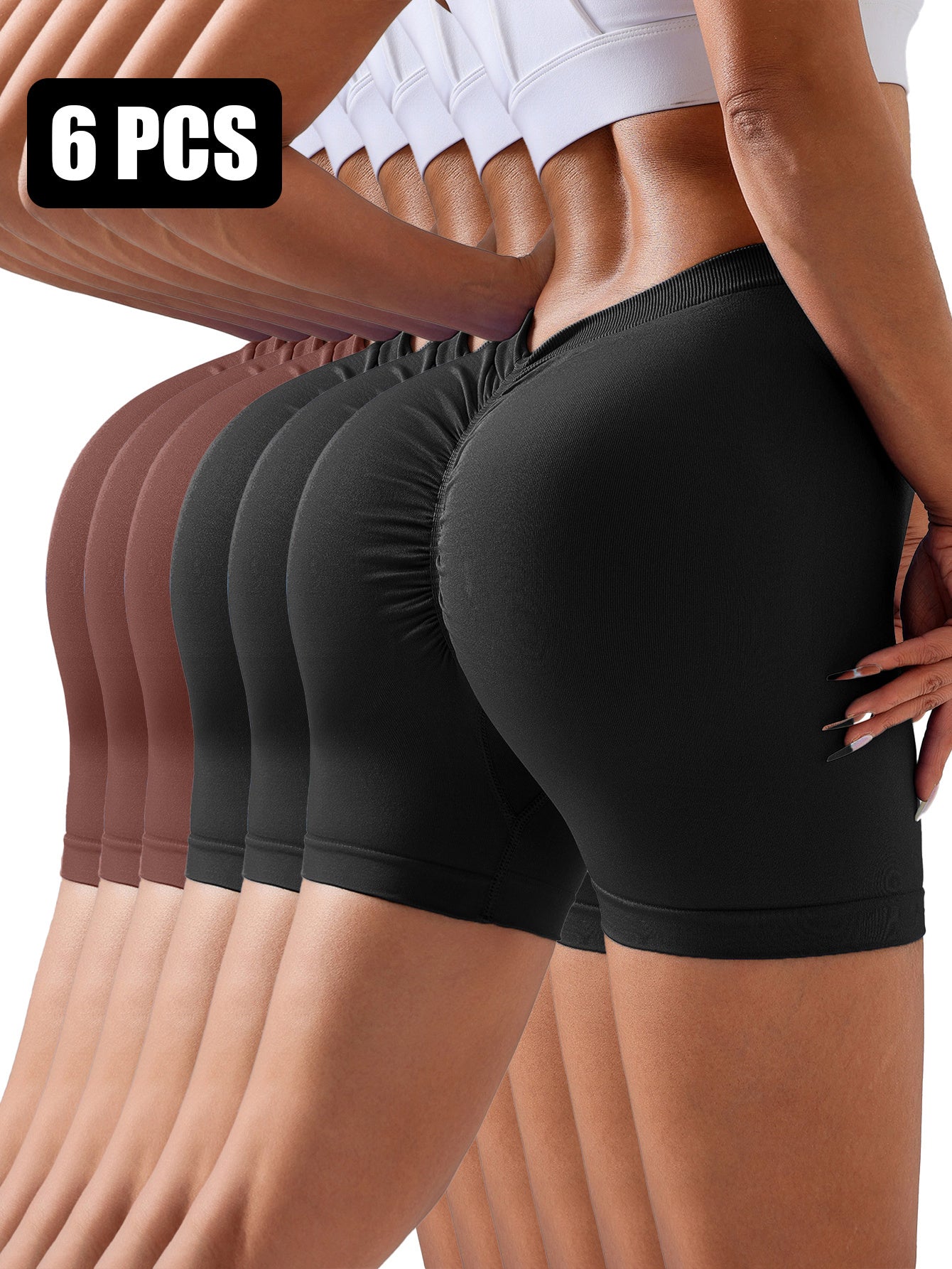 6 Pack Wholesale Solid Color Seamless Back V Shape  Women V-Back Scrunch Butt Elastic Gym Push Up Sports Tights Running Cycling Workout Peach Hip Fitness Shorts