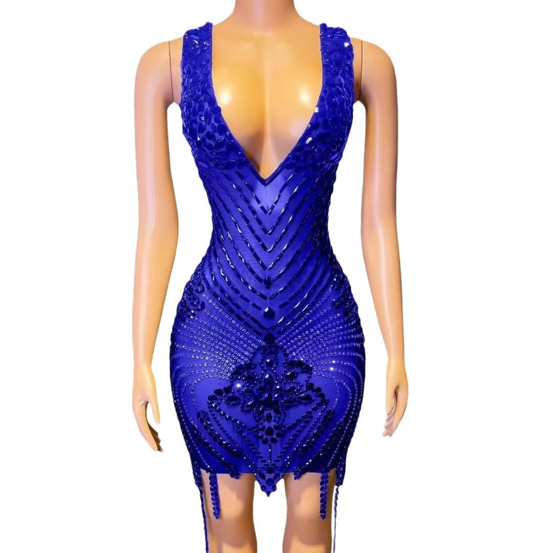 Rhinestone Sexy V-neck Tight Dress Party Dress Skirt