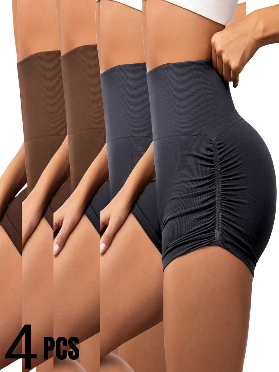 4 PCS Sexy Solid Color Women Fitness Sport Short High Waist Athletic Yoga Short Leg Cycling Comprehensive Training Jogging Squat Proof Summer Solid Color Women's Seamless Yoga Shorts