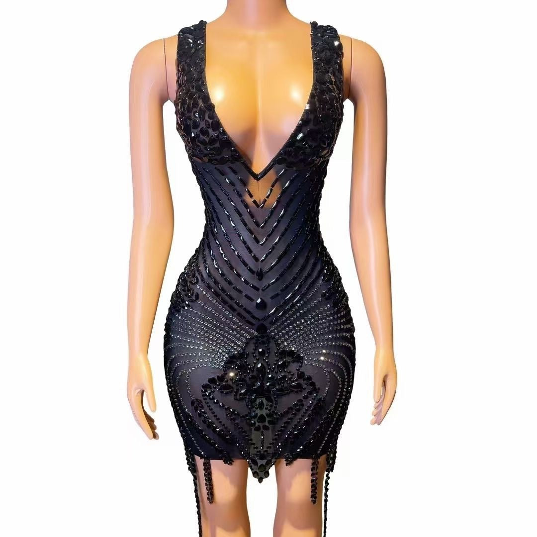 Rhinestone Sexy V-neck Tight Dress Party Dress Skirt