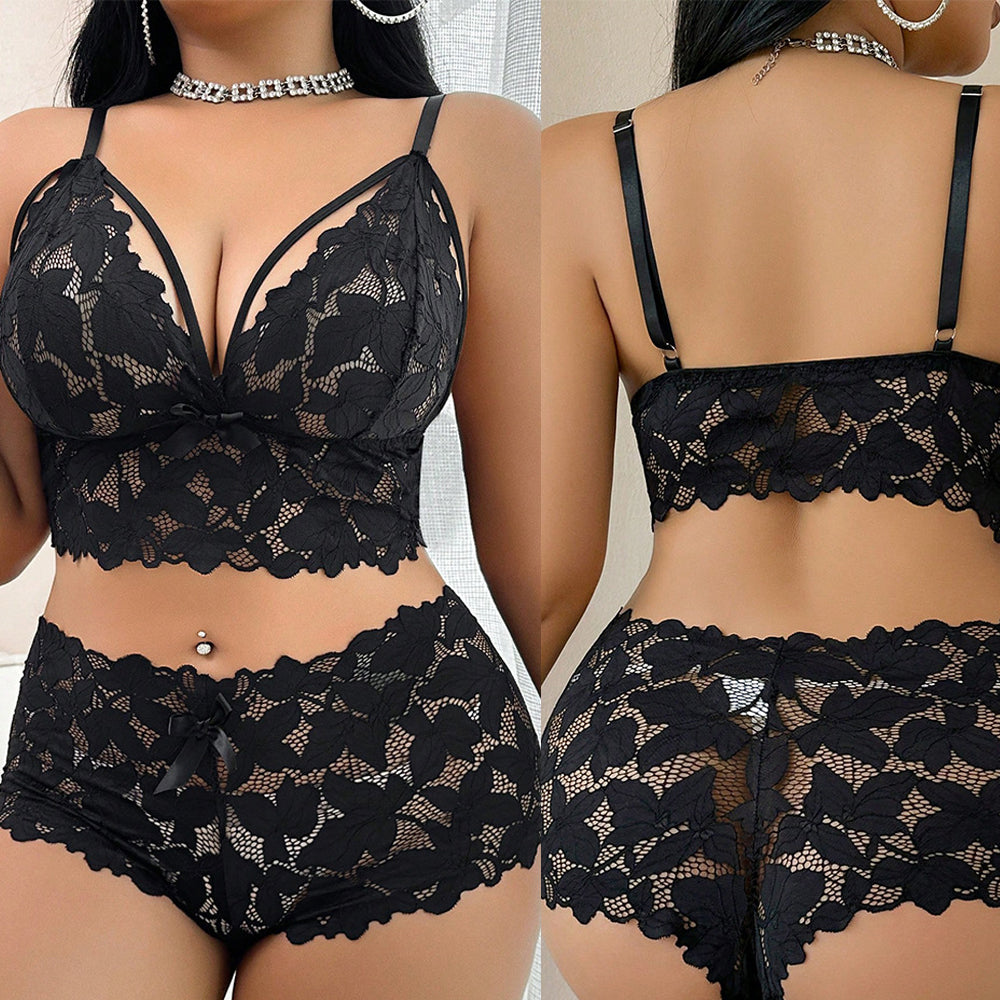 Sheer Lace Mesh Nightdress with Thong – Elegant Floral Sleepwear (Plus Size Available)