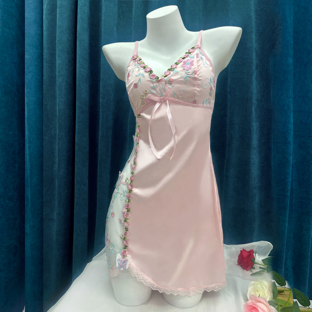 Fashion Sexy See-through Lace Embroidery Satin Nightdress – Irregular Seductive Short Pajamas