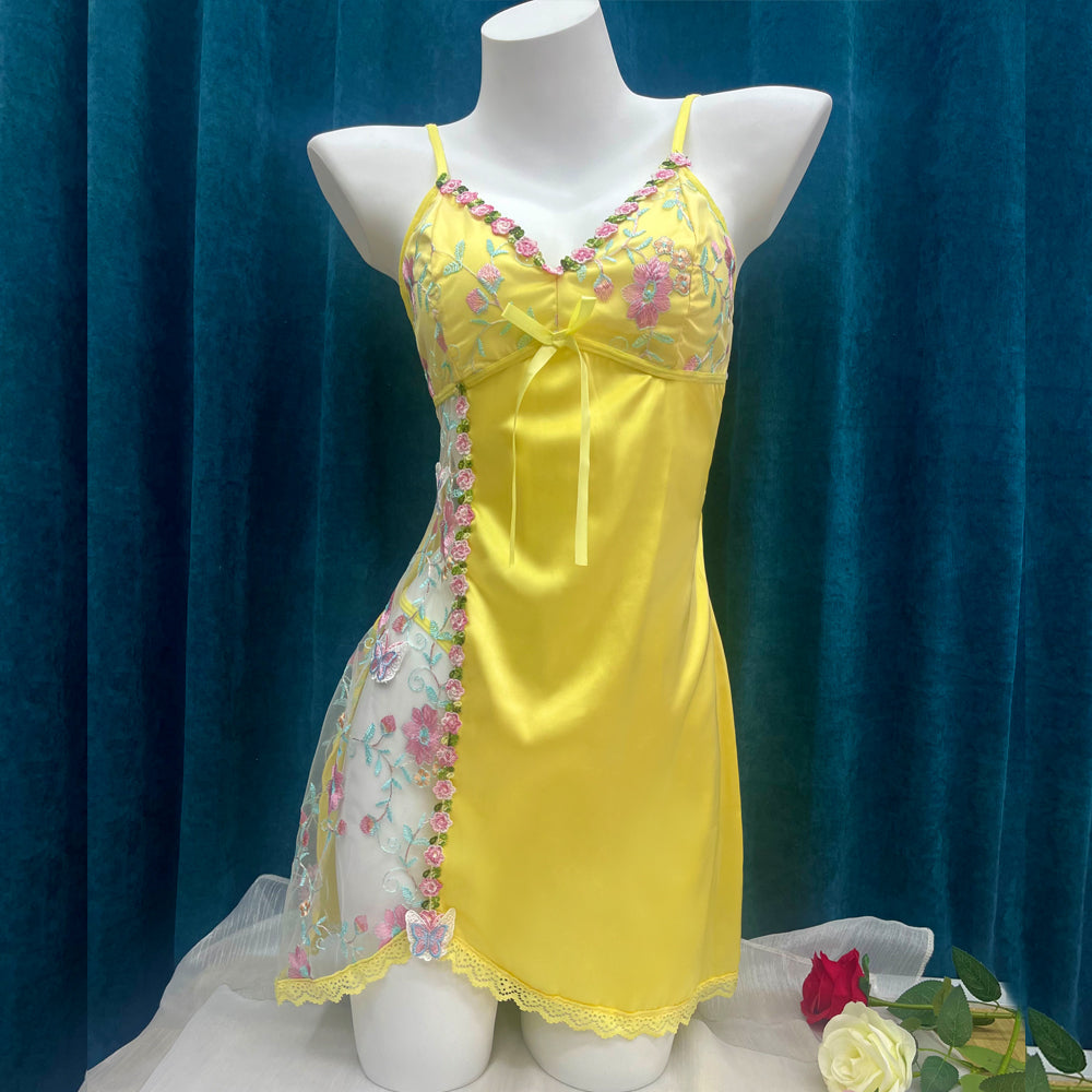 Fashion Sexy See-through Lace Embroidery Satin Nightdress – Irregular Seductive Short Pajamas